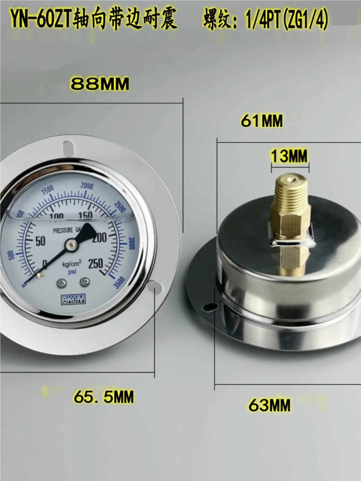Olejowo-hydrauliczny ciśnieniomierz osiowy, odporny na uderzenia miernik ciśnienia YN60ZT (śr. 60 mm, 0-1 Mpa)