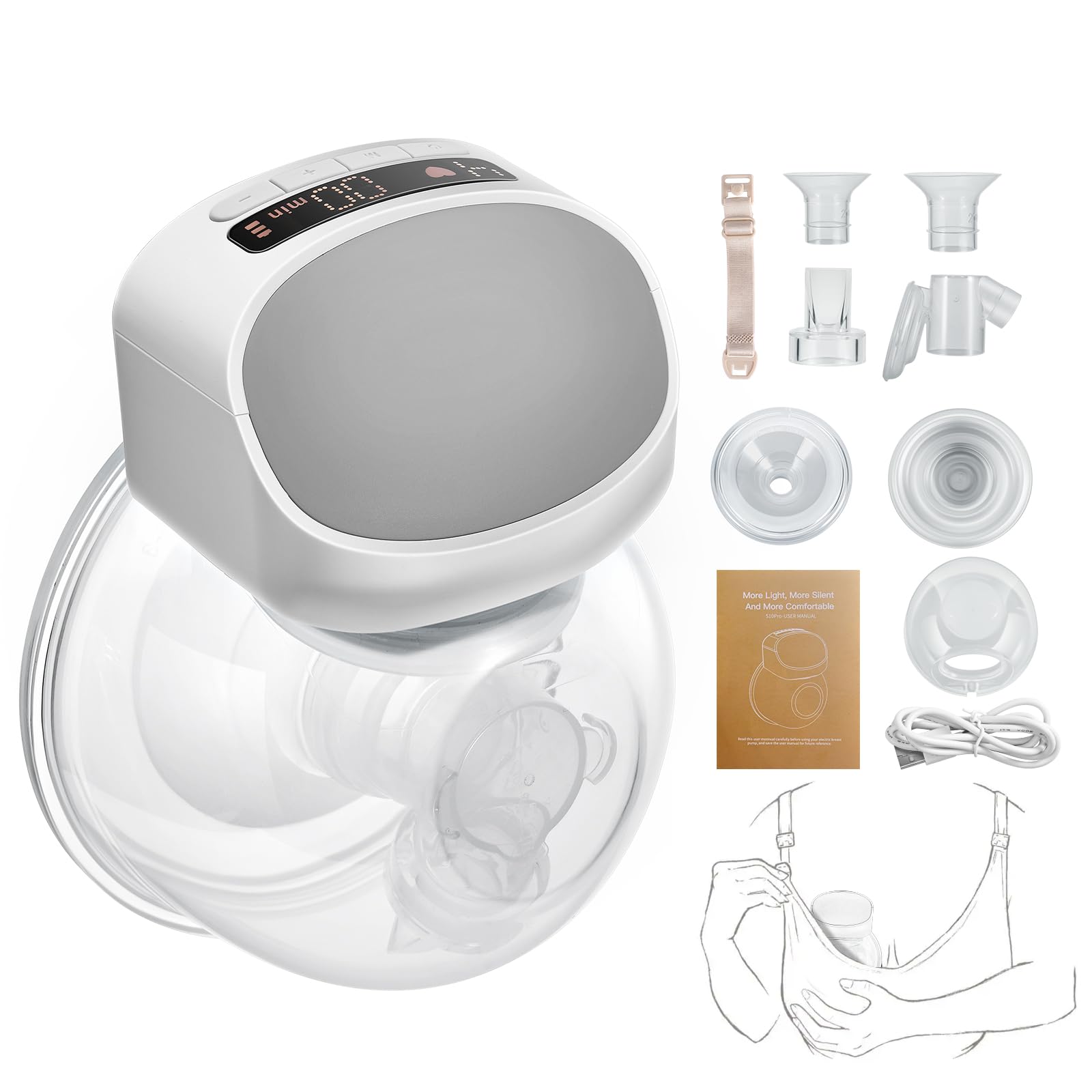 Extractor de leche eléctrico portátil, sacaleches manos libres con 2 modos y 9 niveles, recargable, diseño a prueba de fugas, extractores de leche portátiles de 24 mm, incluye brida 19/21