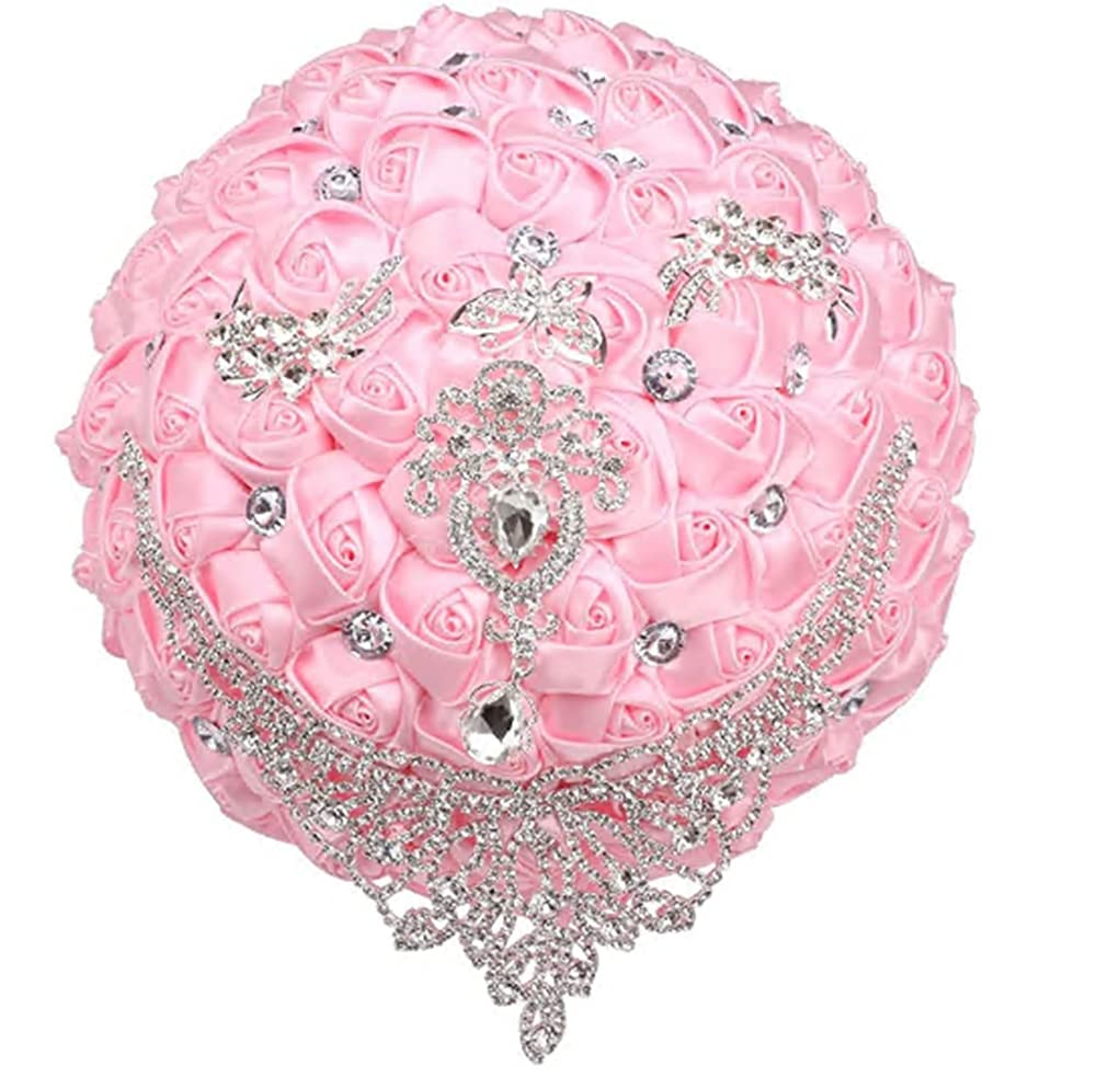 Qike Handmade Luxury Wedding Bridal Bouquet Large Silk Rose Holding Toss Artificial Flowers Bouquets with Satin Ribbon Pearls Rhinestone for Bride Vintage Royal Wedding Bouquet, Pink