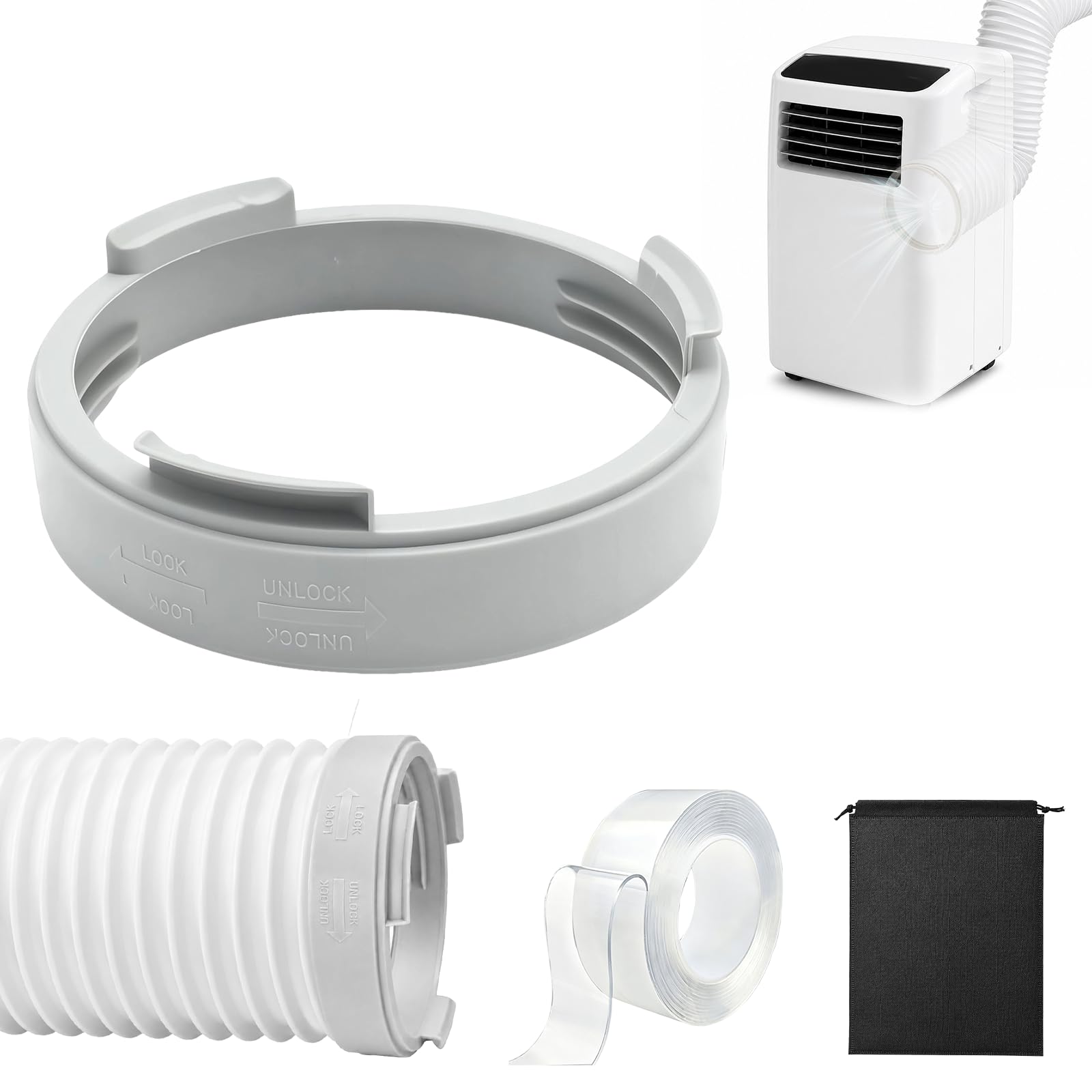 Portable Air Conditioner Exhaust Hose Adapter, 15cm/5.9in Round Window Coupler Connector for Air Conditioner, with Strong Nano Tape & Travel Storage Pouch for Accessories (Grey#02)