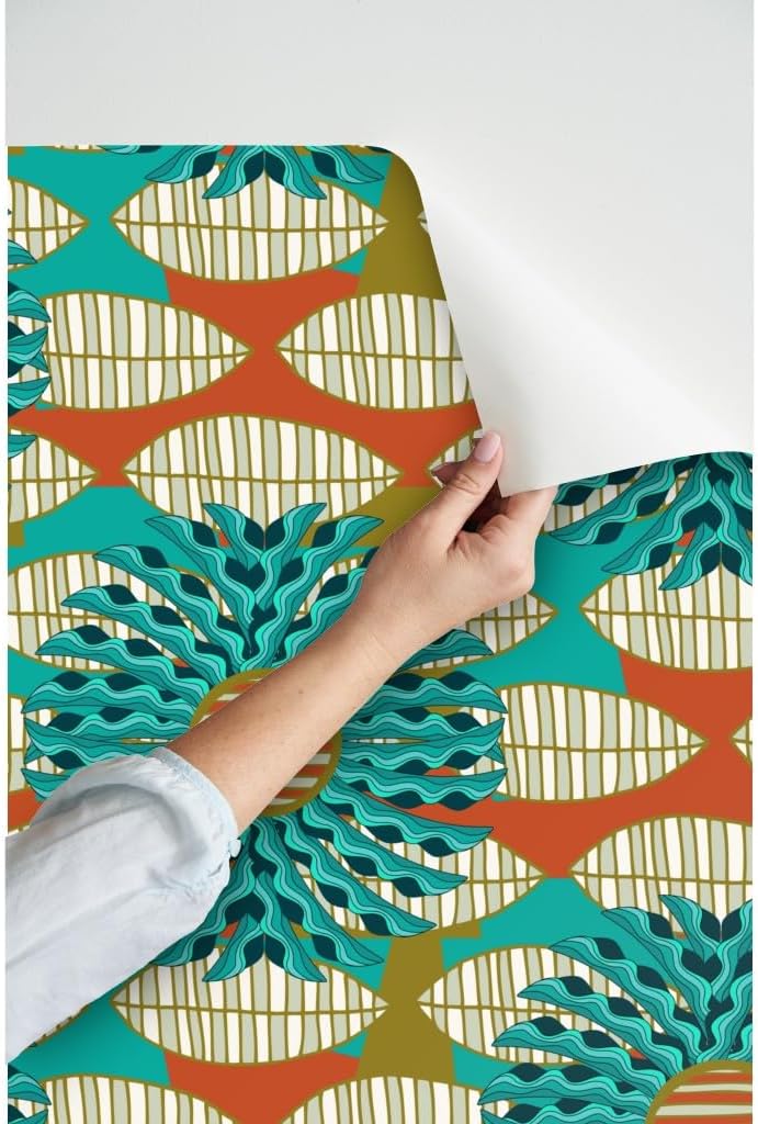 Peel & Stick Wallpaper 3ft x 2ft - African Leaf Mandala Print Turquoise Red Leaves Large Art Abstract Floral Nature Botanical Ethnic Custom Removable Wallpaper by Spoonflower