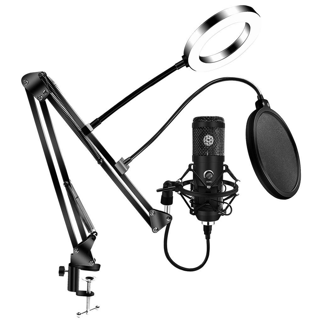 Microfono a condensatore per Computer USB E20 con Kit Studio con Luce ad Anello e Supporto per Braccio per Registrazione Video di Gioco