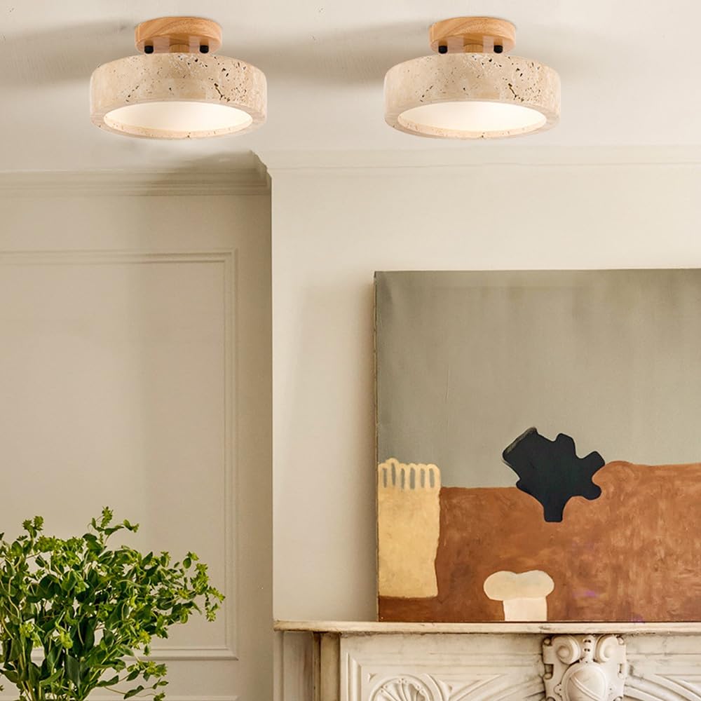 TRIVIDHA Minimalistische Deckenleuchte aus Stein, Wabi-sabi, Beige, nahe der Decke, 7,9 Zoll, Deckenleuchte mit Holzsockel, E27, Beleuchtung, Deckenleuchten aus Marmor, für Flur, Schlafzimmer, Küche