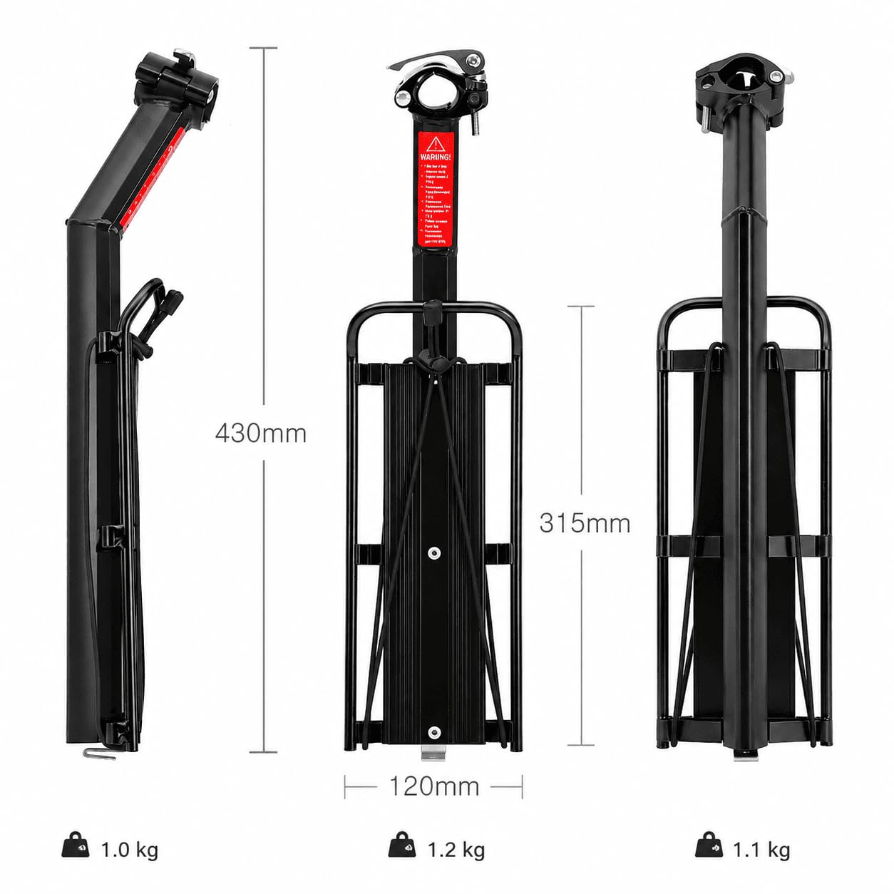 MidGard Fahrrad Gepäckträger für Sattelstütze aus Aluminiumlegierung, mit Reflektor- verstellbar für 24-29 Zoll Fahrräder, belastbar bis maximal 9 kg