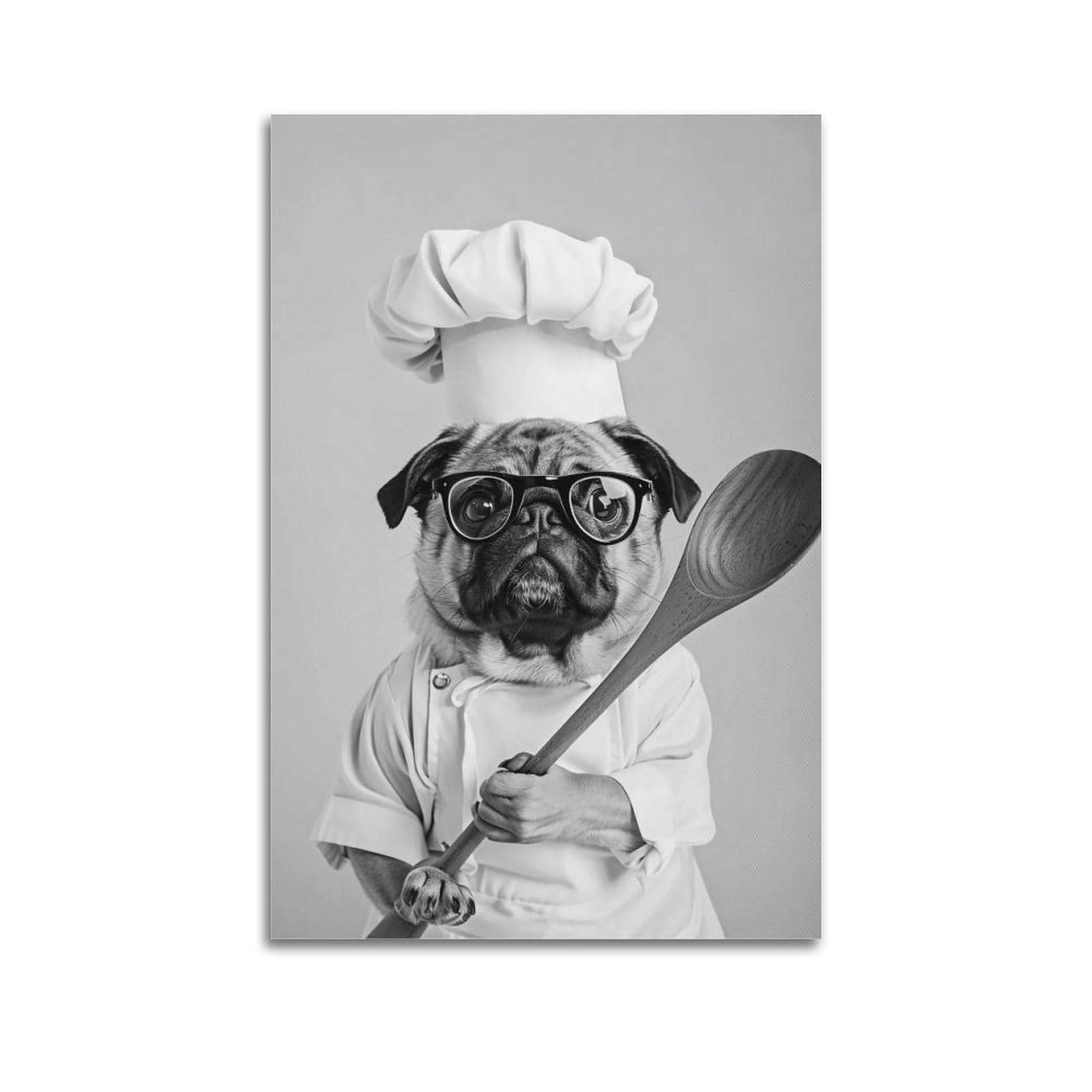 HUERYRYHY Chef Pug Monochrome 03 Poster Wall Art Canvas Vintage Aesthetic Painting Decor for Rooms 20x30inch Unframe-style