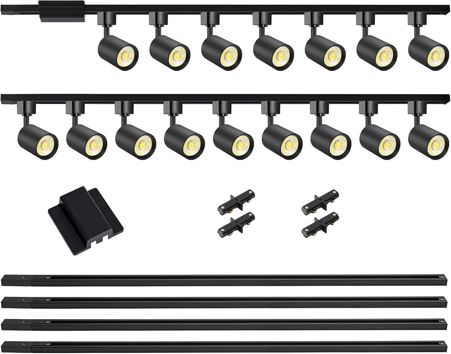 VANoopee Floating Canopy Connector Included, 16-Light LED Track Lighting Kit with 16FT H Type Track Rails, Dimmable Track Light Heads, 3000K Warm White, No Flicker 10W 800lm, Black