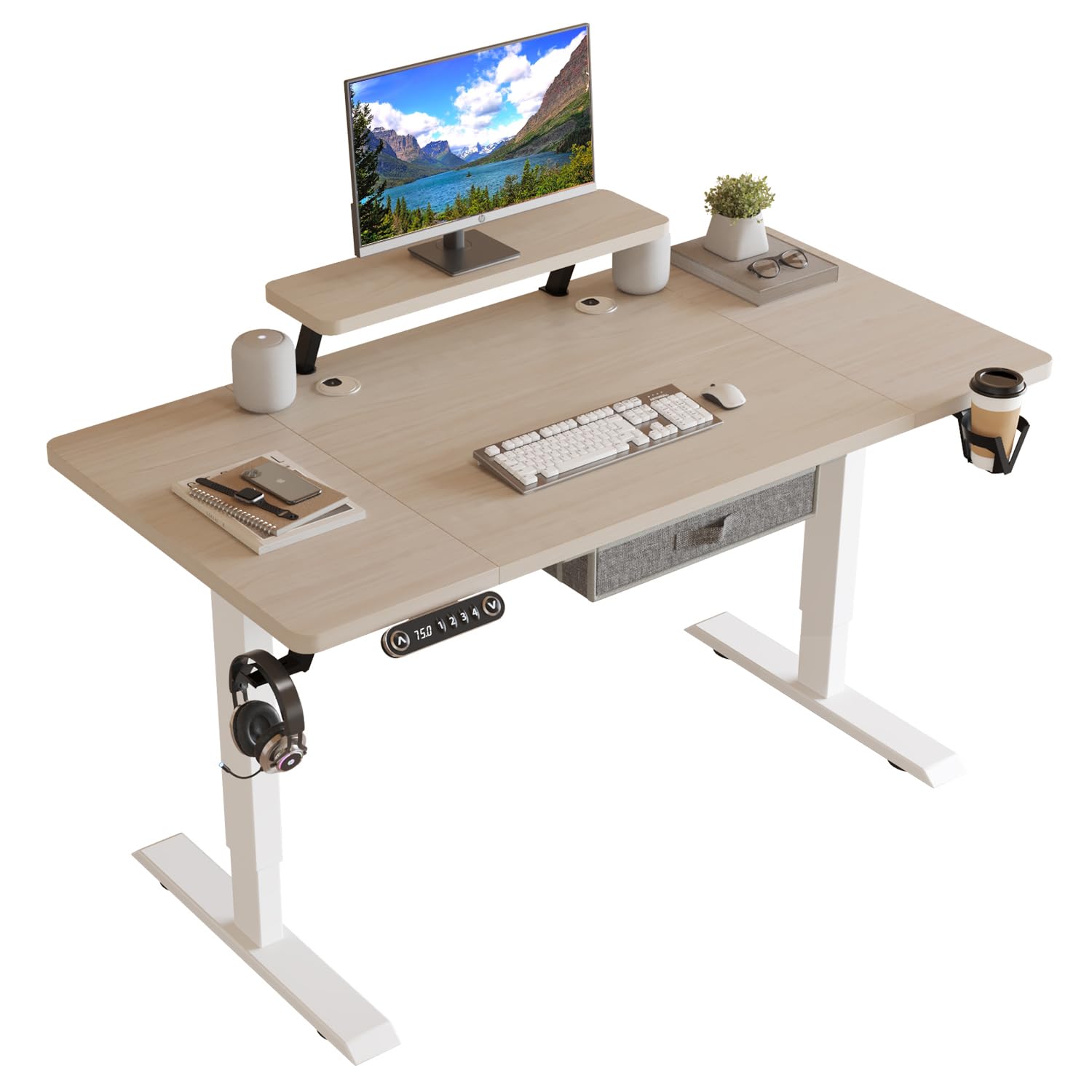 55x30 Inches Electric Standing Desk with Drawer, Adjustable Height Sit Stand Up Desk with Storage Shelf, Home Office Desk Computer Workstation with Pale Pearwood Top/White Frame