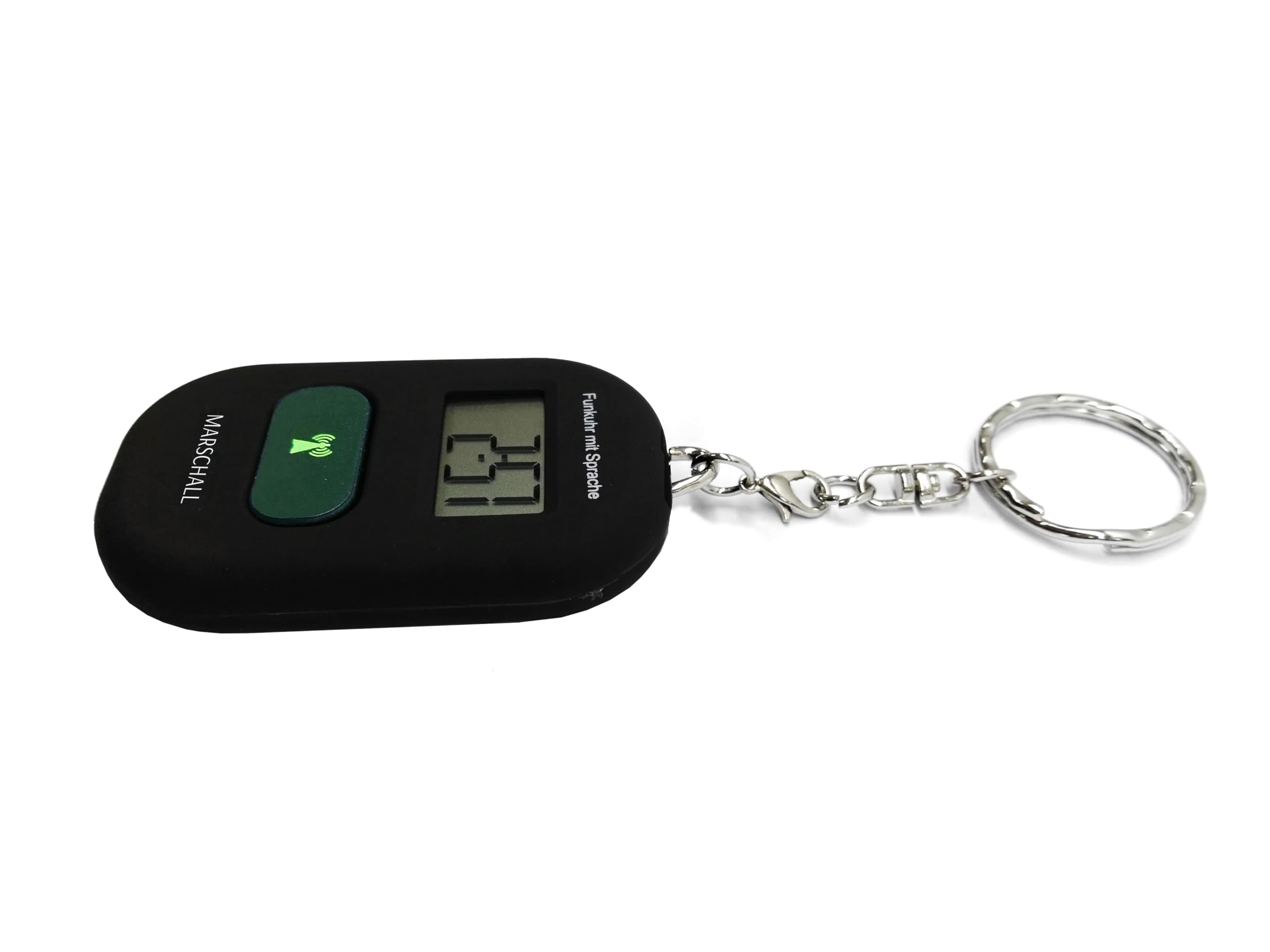 Marschall Schlüsselanhänger Deutsch sprechende Funkuhr I 1117S I Umhängeuhr Schwarz I Extra Laute Sprachausgabe I Großes LCD Display I Perfekt für Senioren, Blinde und Demenzkranke
