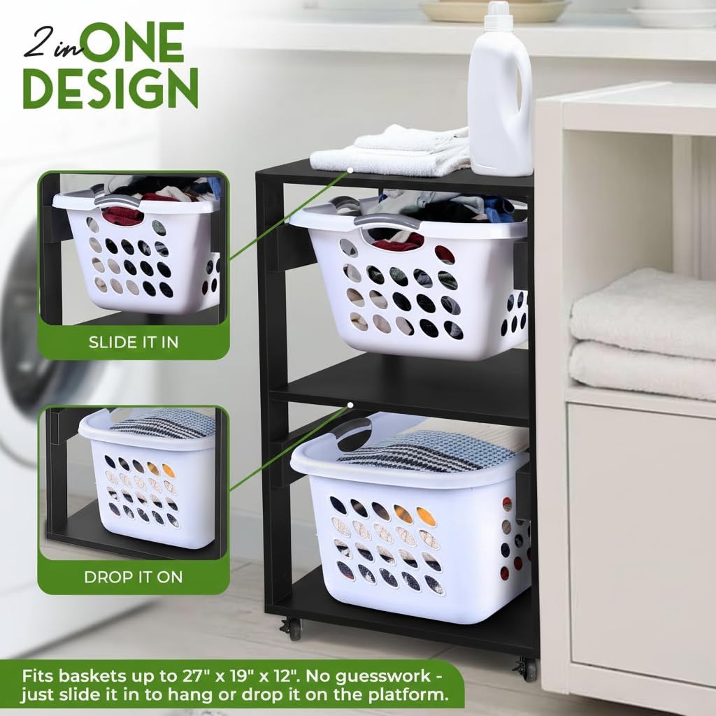 Laundry Basket Holder Shelf – Stackable Engineered Wood Laundry Tower, Tiered Hamper Organizer for Bathroom, Bedroom, Closet (Black, 2 Tier)