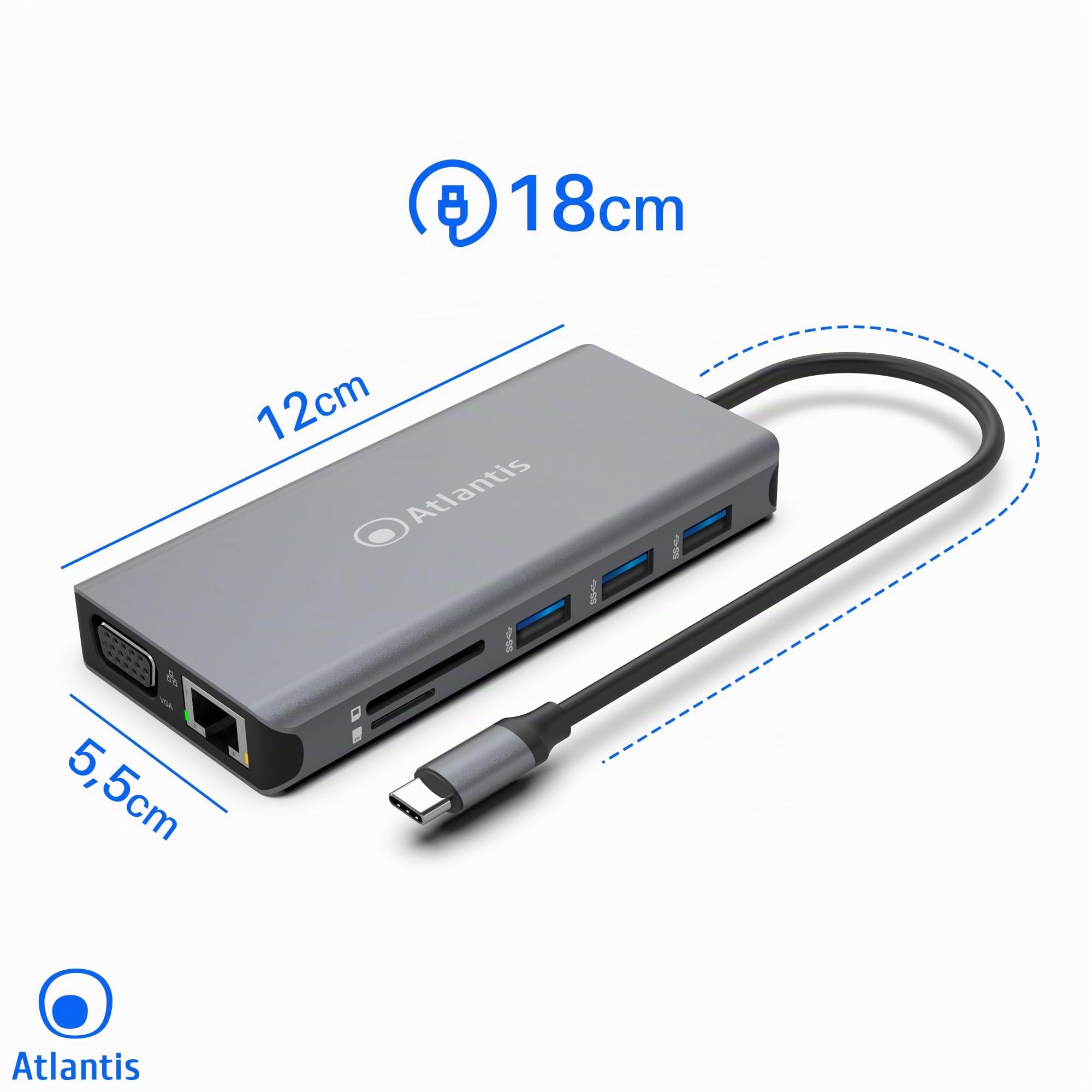Atlantis Docking Station USB-C con HDMI 4K, VGA e LAN Gigabit, PD 85W | 3porte USB 3.0, 1 porta USB-C, audio IN/OUT 3,5 mm, lettore schede, cavo 18 cm, per notebook, cod. A04-TC_DK46
