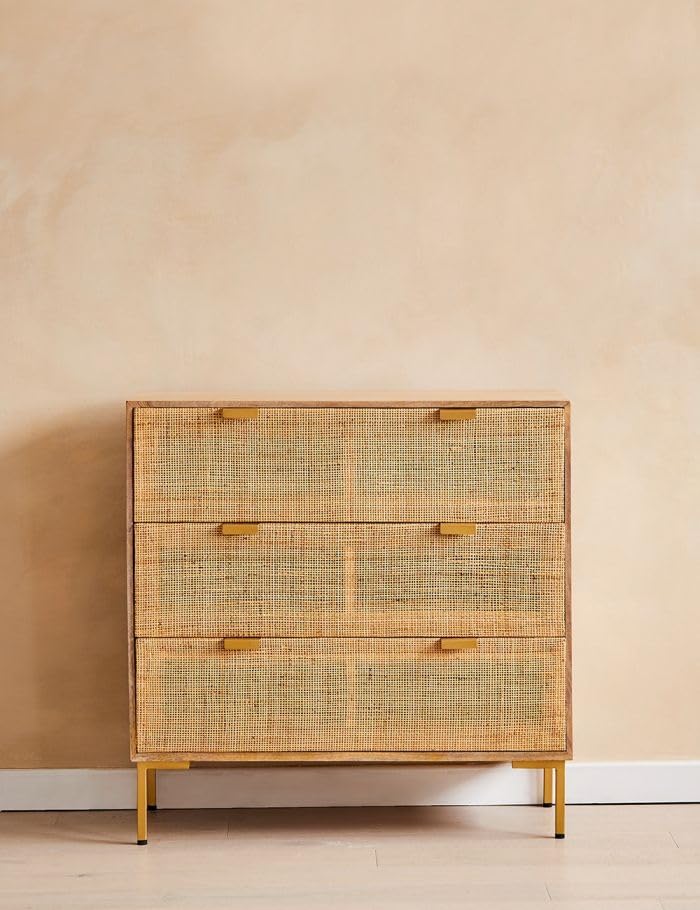Image of Chuck Rattan Chest of 3 Drawer for Home & Office |Cane Storage with 3 Drawers | Mango Wood,|Ideal for Home Decor
