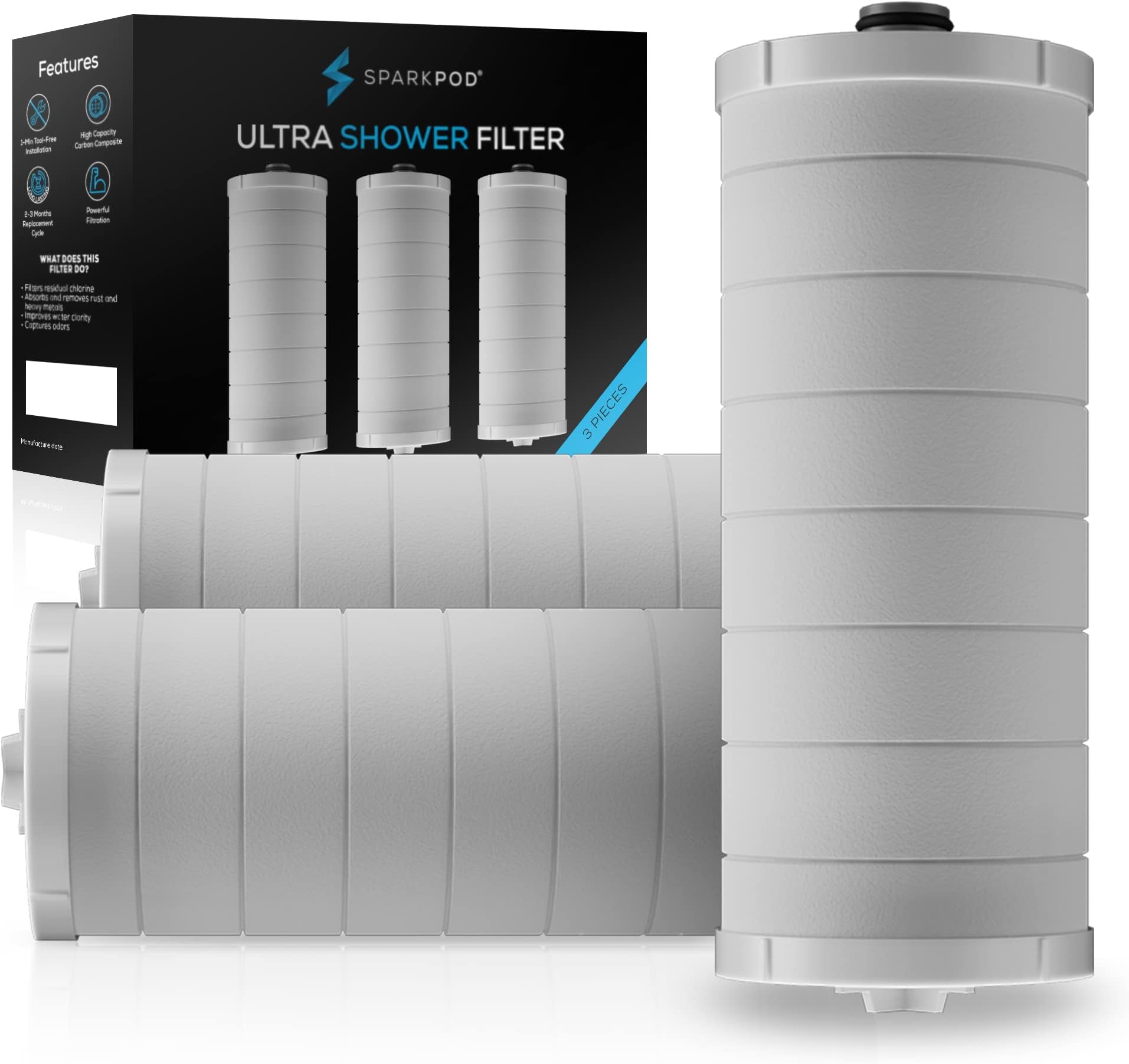SparkPod Shower Filter Cartridge - Enhanced Water Purification - Pack of 3 - Water Softner Shower Head - 1- Minute Installation - Ultra Filtered Water - Activated Carbon Block - Home Spa Experience