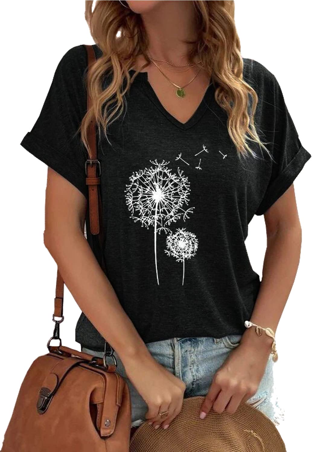 Women's Floral T-Shirts V-Neck Dandelion Sun Flower Graphic Casual Tee Boho Tops Cute Wildflowers Shirts
