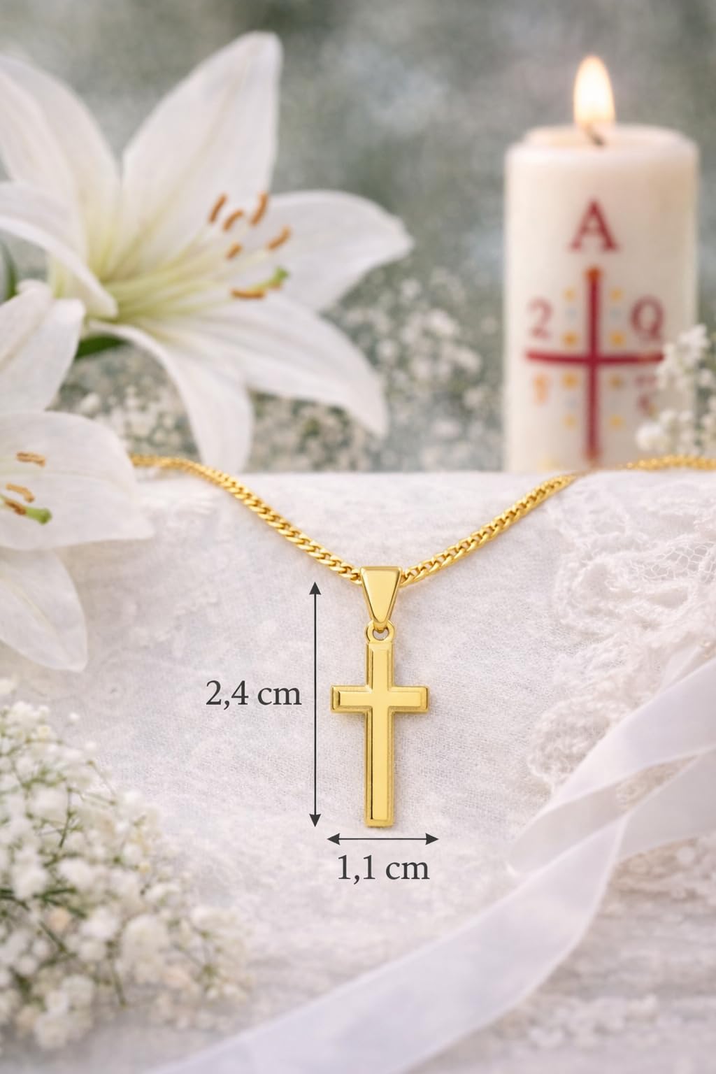 ZELYA Chaîne en or avec croix plaquée or 925/585 14 carats - Chaîne gourmette pour filles et garçons - 45 cm - Avec croix - Chaîne pour enfant pour communion et baptême - Boîte cadeau avec gravure