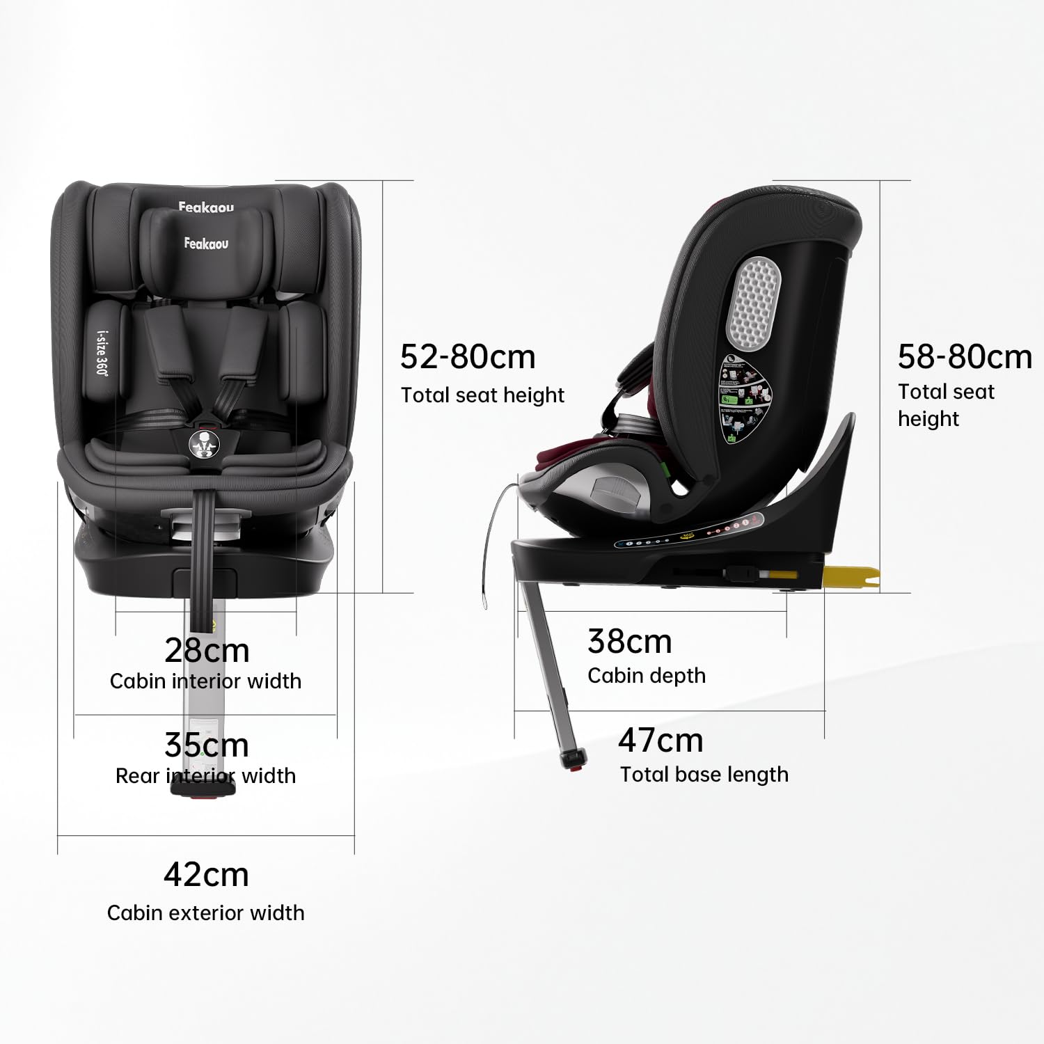 Feakaou 360 Car Seat with ISOFIX - for Newborn to 12 Years Children, i-Size (ECE R129/E4) Rotating Swivel Baby Car Seat,Group 0+1/2/3 (40-150cm),Rear Facing for Longer from Birth to 4 Years.Black. — view 6