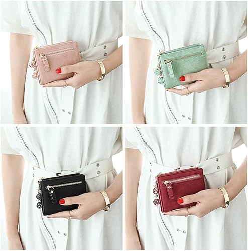 Miniatura 6 de AOXONEL Cartera pequeña de cuero plegable para mujer, mini monedero con cremallera, bolsillo para tarjeta de identificación, delgado y compacto