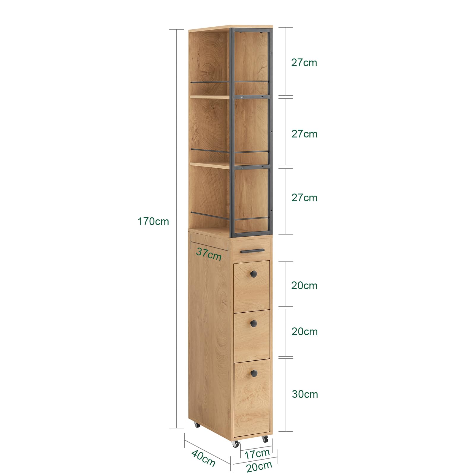 SoBuy Chariot de Rangement à roulettes pour Espaces Réduits – Desserte Cuisine et Salle de Bain Multi-Usage avec 3 Tiroirs et 3 Tablettes, Bois Naturel et Métal Noir, 20x40x170 cm, Modèle NSR13-N