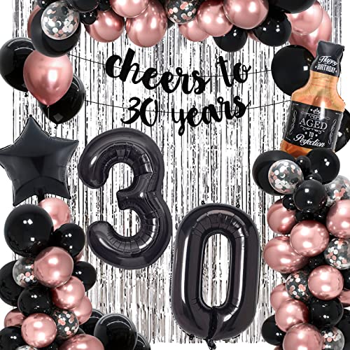 Deko 30 Geburtstag Frauen Mann,Aivatoba 30.Geburtstagsdeko Schwarz Rose Gold,Whiskey Luftballons Geburtstag 30. Jahre,Happy Birthday Banner Birthday Decorations,Frauen Männer 30 Geburtstag Deko Cover