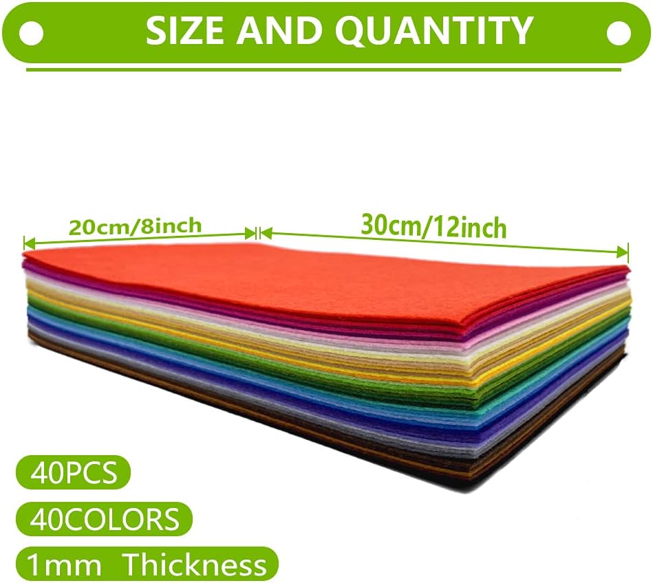 HellooColor 40 pcs Craft Felt Fabric Sheets 8x12 inches Assorted Color Craft Squares Nonwoven 1mm Thick