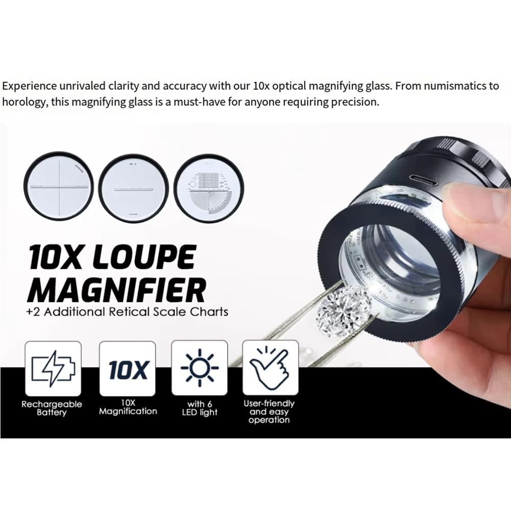 Lupa de Joyero con LED, Lupa de 10X de Aumento, Longitud Ajustable con Diodo Emisor de Luz, Campo de Visión de 25 Mm, Longitud Ajustable.