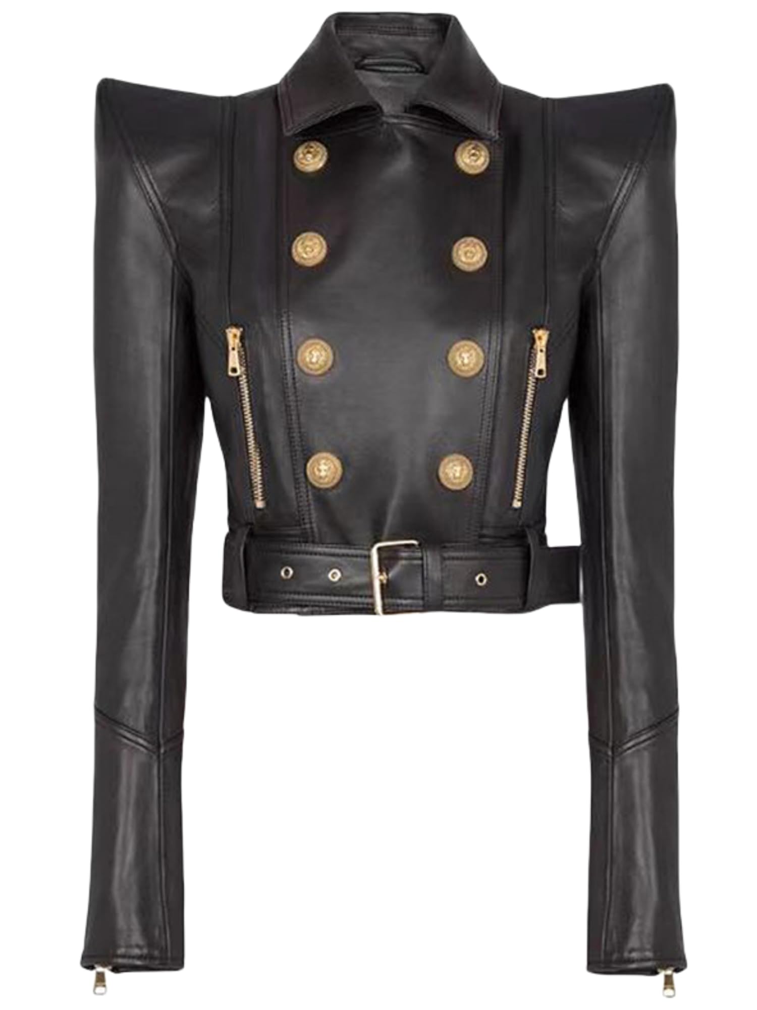 Womens Designer Faux Leather Jacket Blazer with Gold Buttons Zippers High Shoulder Design Cropped Belted Biker Coat