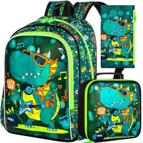 Image of Boys Backpack, 16 inch Dinosaur Kids Bookbag with Lunch Box, 3Pcs Dino School Backpacks for Elementary Preschool Kindergarten (Green)