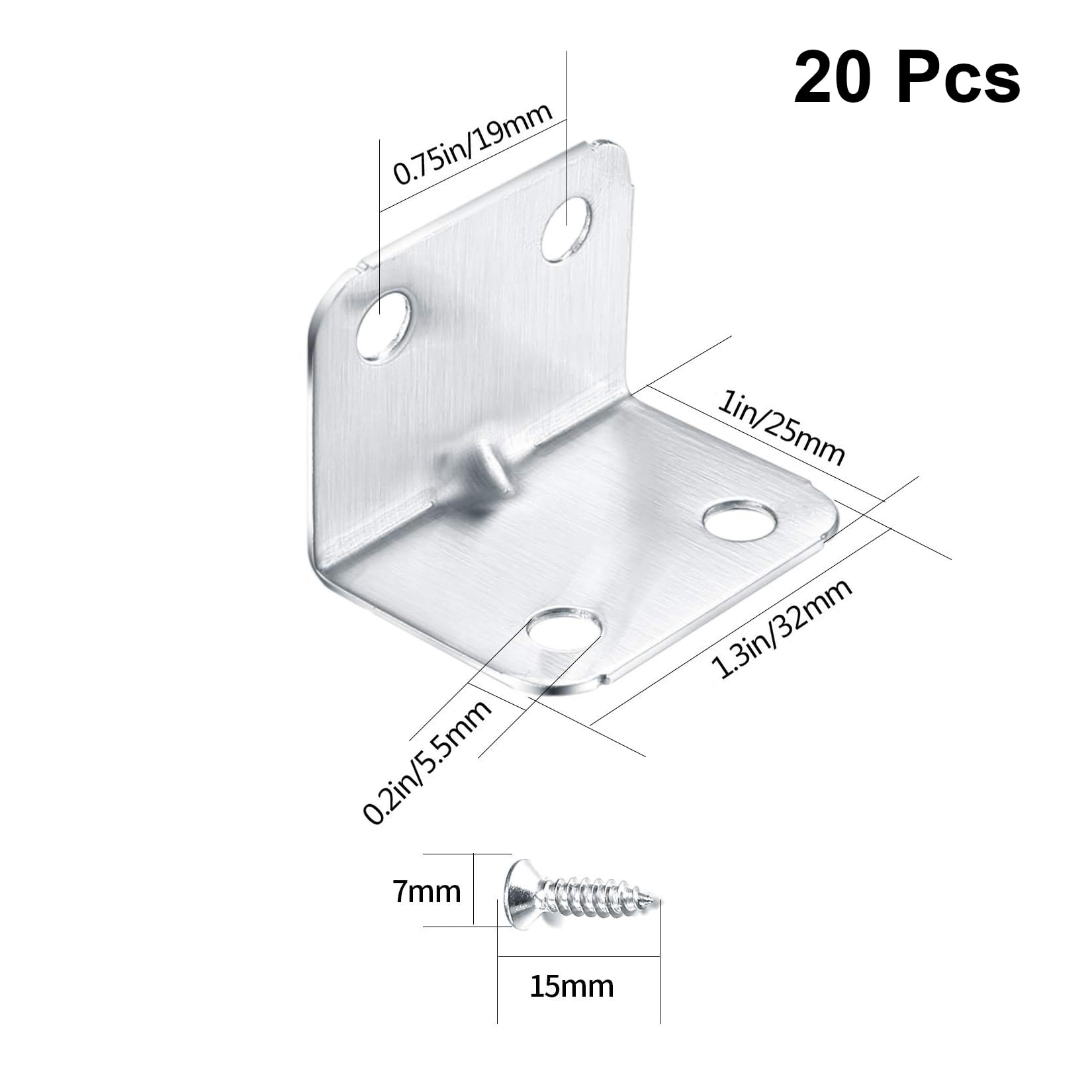 TOP-VIGOR 20Pcs Corner L Brackets for Wood 25mm x 25mm x 32mm Stainless Steel Heavy Duty 90 Degree Right Angle Shelf Brackets Supports Corner Brace with Screws - Image 2