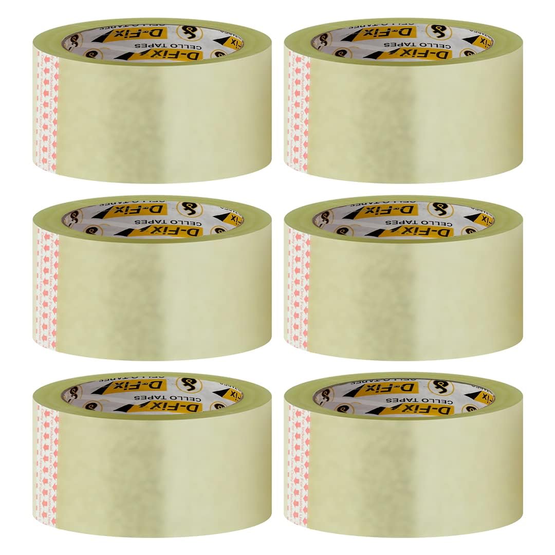 D-fix® 6 Rolls Per Pack Adhesive Transparent Cello Tape - 65 Meters in Length - 48mm / 2" Width BOPP Industrial Packaging Tape for E-Commerce Box Packing, Office and Home use