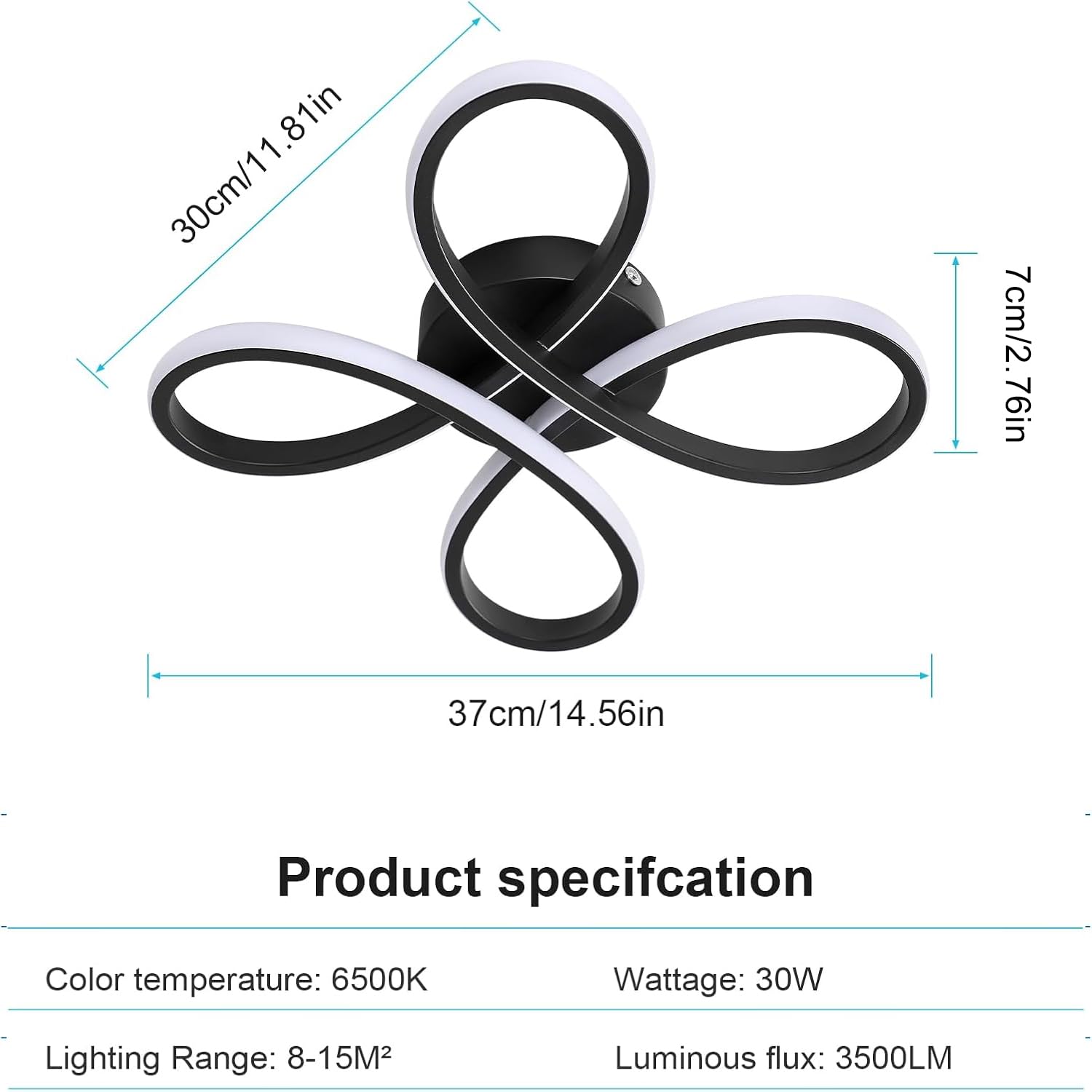 Comely Plafoniera LED Soffitto Moderna, 30W 3500LM Lampada da Soffitto Design Forma di Fiore, Lampadario LED Soggiorno Nera per Soggiorno, Sala da Pranzo, Camera da letto, Luce Bianco Caldo 3000K
