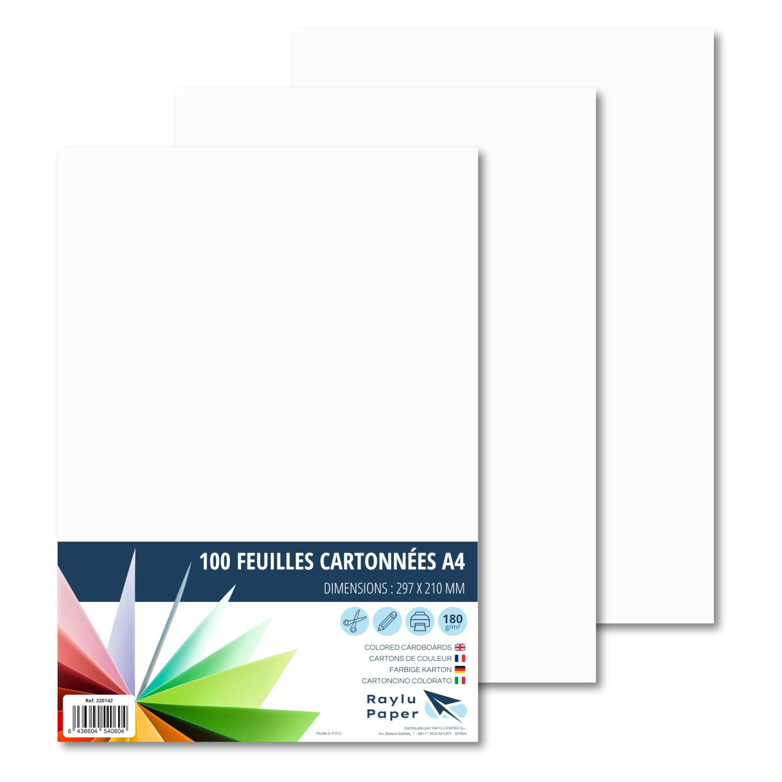 Raylu Paper – Papier Cartonné A4 Coloré, 100 Feuilles Cartonnées, Papier Epais de Couleur, pour l’Ecole, le Bureau, le Scrapbooking, les Activités Manuelles, 180g/m², 210 x 297 mm (Blanc)