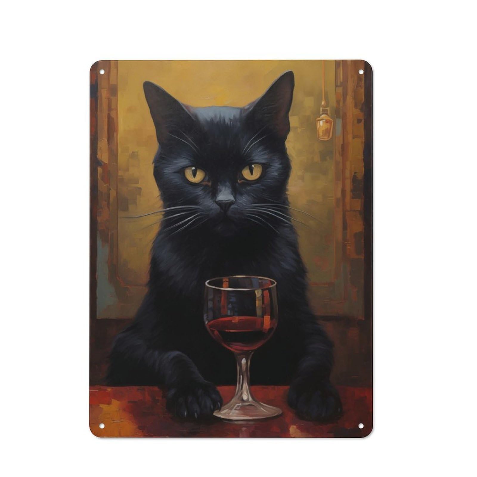 Vintage Metal Sign 40x30cm Featuring Black Cat with Wine, Home Bar Decor for Cafe, Pub, Workshop Or Home Bar