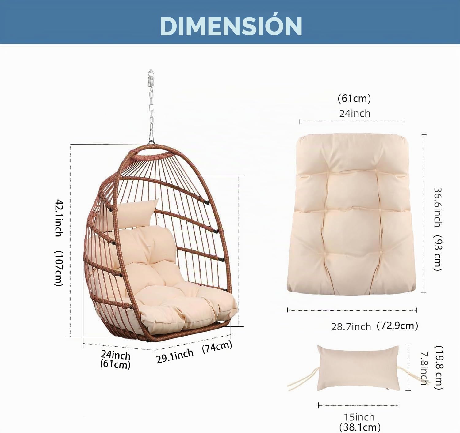 Goutime Silla Colgante de Huevo con cojín Resistente a los Rayos UV, Silla oscilante Plegable con Capacidad de 204KG para Interiores y Exteriores, jardín, Patio Trasero (Marrón Rojizo sin Soporte) | Silla oscilante plegable con forma de huevo, cojín inclu