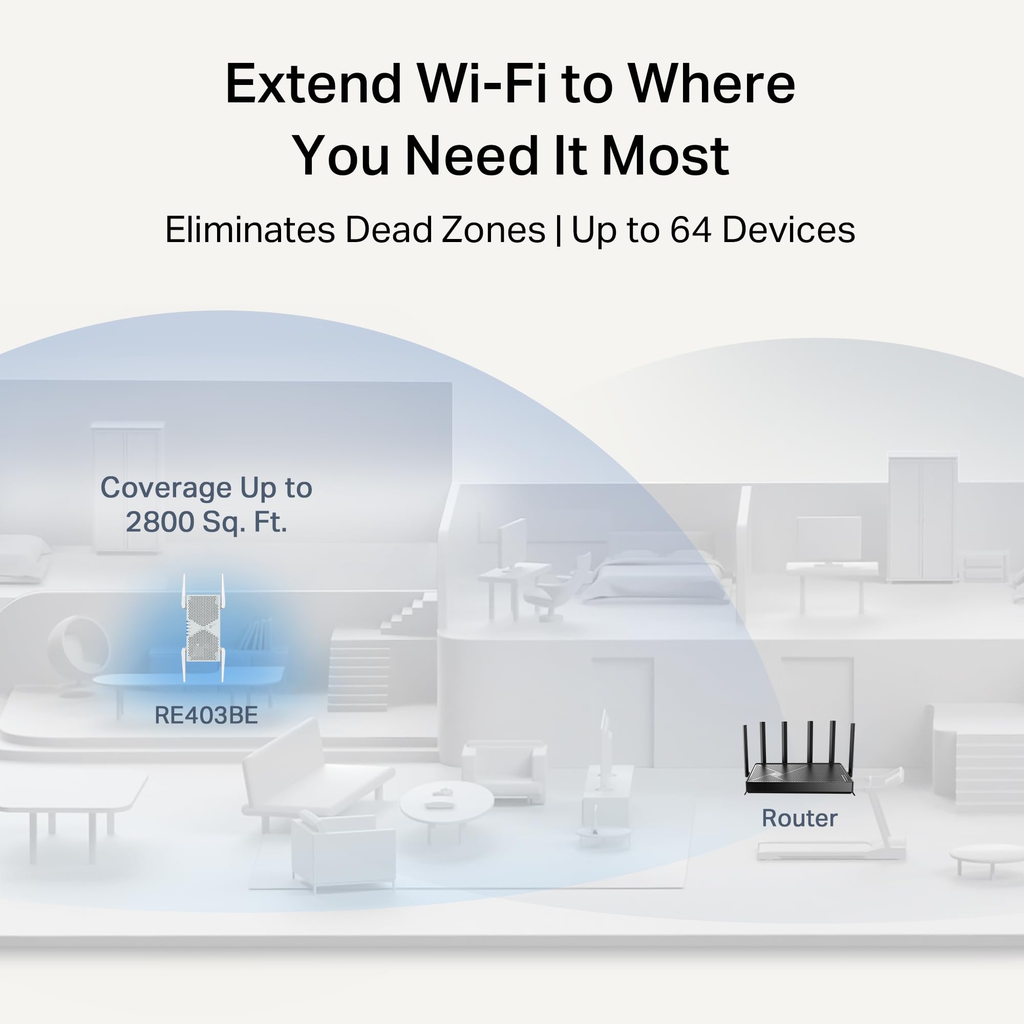 TP-Link BE6300 Wi-FI 7 Range Extender RE403BE avec Port 2,5 G | Répéteur sans Fil Double Bande 6,3 Gbit/s | Amplificateur de Signal Internet pour la Maison | Jusqu'à 2800 m², 64 appareils | MLO