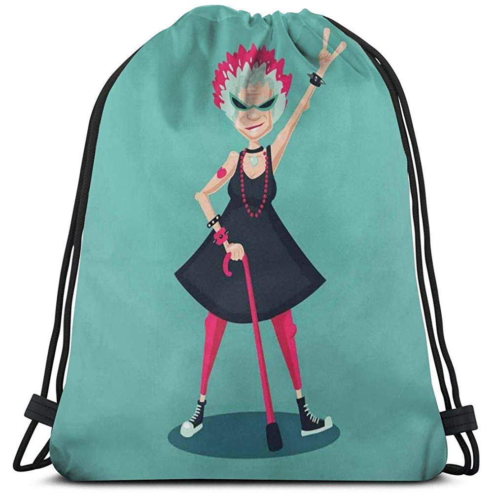 Drawstring Backpack Bags Sport Gym Cinch Bag,Cartoon Character Forever Young Old Lady As A Rebel Rock Fan Illustration