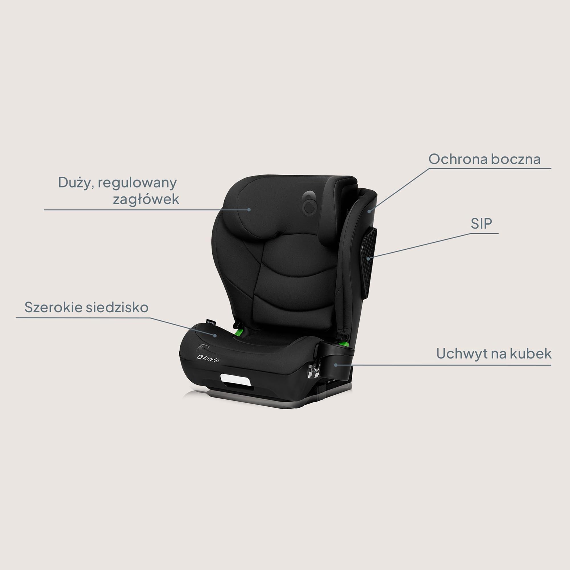LIONELO NEAL I-SIZE fotelik dziecięcy, grupa 2 3, od 100 do 150 cm od ok. 3 do 12 lat, mocowanie ISOFIX lub bez pasków, regulowany zagłówek, ochrona boczna, podłokietniki standardowe R129