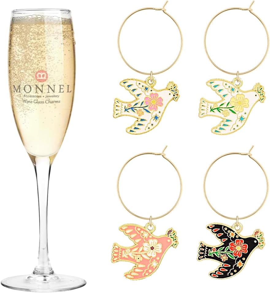 P786 Assorted Little Peace Dove with Olive Branch Flower Wine Charms Glass Markers Tags for Party Decorations with Velvet Bag- Set of 4