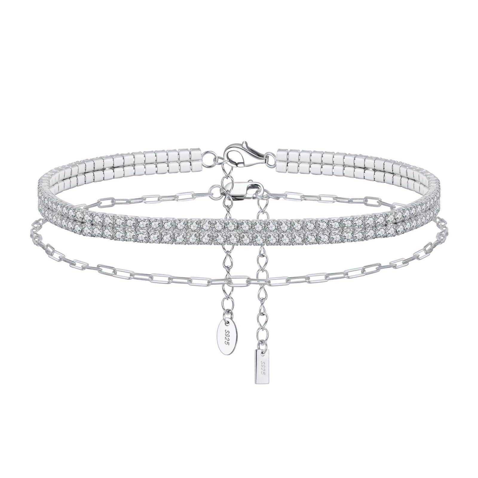 Cavigliere Donna Argento 925, Cavigliera Estiva Doppia Fila con Zirconi A Doppio Strati Argento, Regolabile Fino a 26 cm - Bracciali alla Caviglia da Spiaggia Cavigliere per Donne