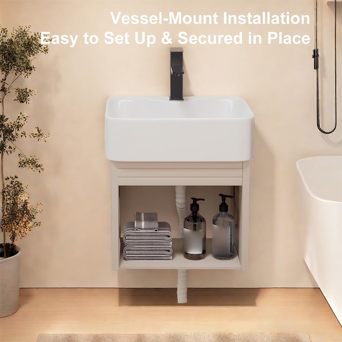Fregadero de esquina flotante de pared con armario de almacenamiento, diseño que ahorra espacio para baños pequeños, decoración moderna, solución elegante y funcional