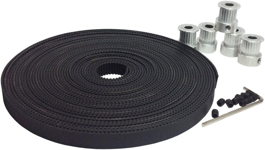 2GT Open Ended Timing Belt Motor Drive Belt Width=9mm Rubber with Fiberglass Core for 3D Printer Pack of 5Meters & 5pcs GT2 Aluminium Timing Belt Pulley 20 Teeth 6.35mm Bore