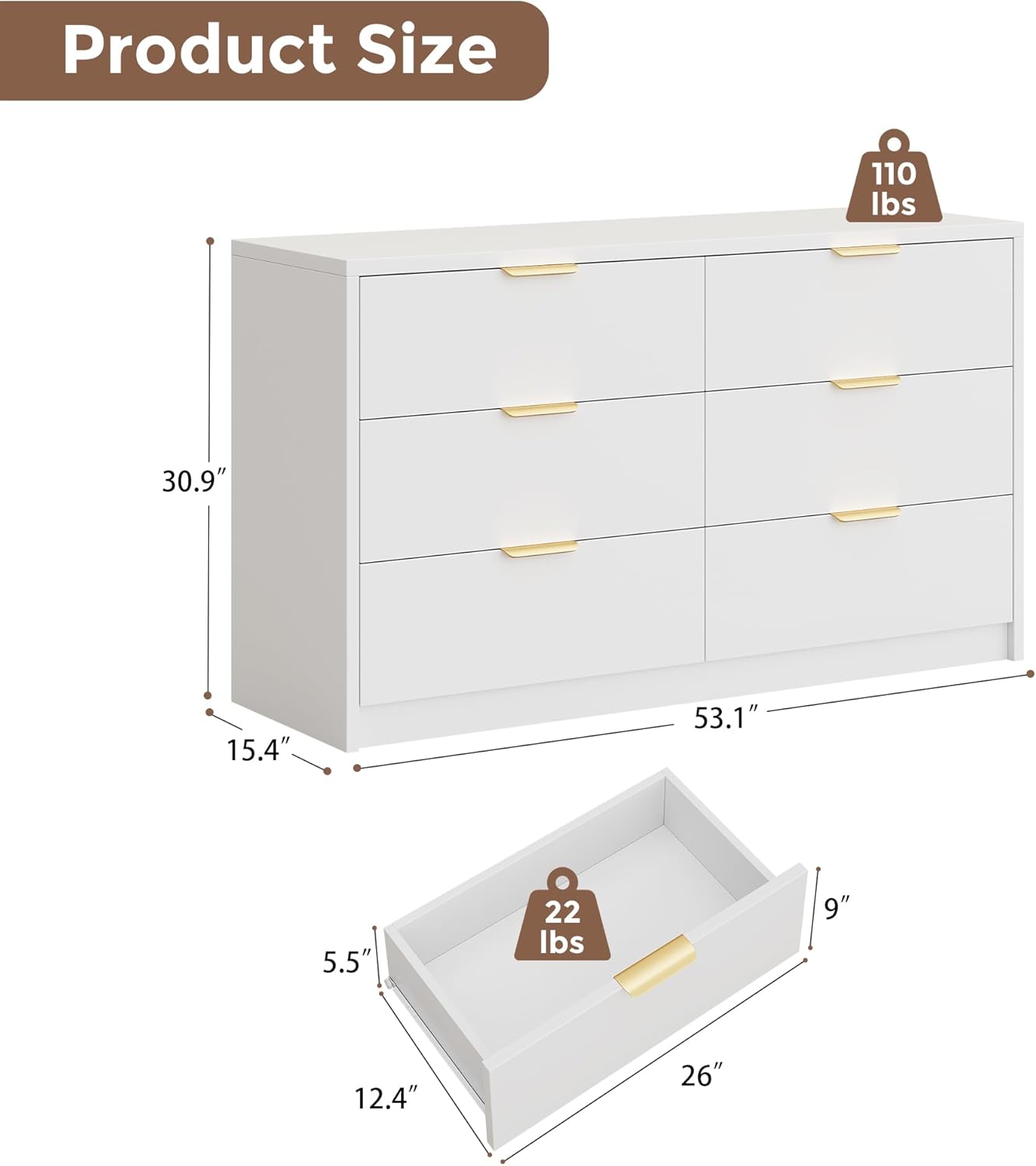 53" wide 6 drawer dresser for bedroom, modern simple wood dresser chest of drawers closet store organizer for living room, hallway, white 15.4"d x 53.1"w x 30.7"h (6 drawers) white