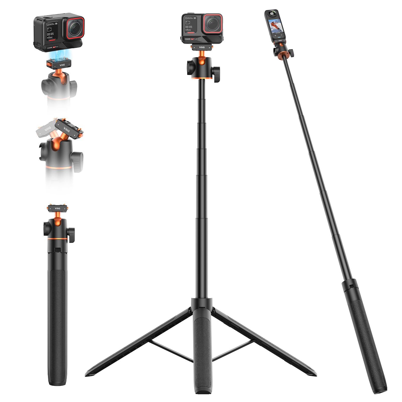 VRIG - Treppiede magnetico a sgancio rapido per Insta360 X6/X5/Ace Pro2 | 360 Testa a sfera allungabile Selfie Stick/Travel Vlogging Stand/Impugnatura portatile/Accessori