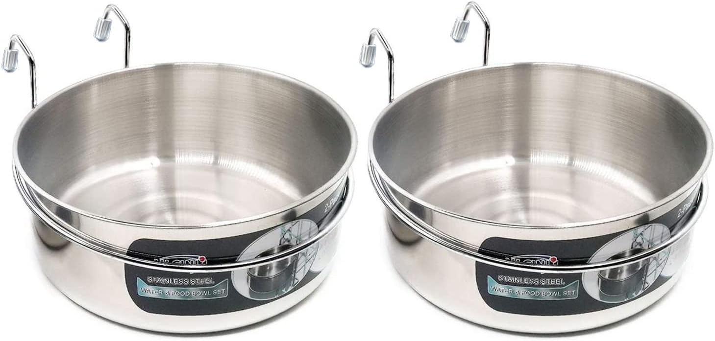 Stainless Steel Pet Feeder, 2 Pack Hanging Dog Bowl & Cat Bowl, Non Spill Bunny Feeder with Hook for Crate Cage Kennel, 60 Ounce