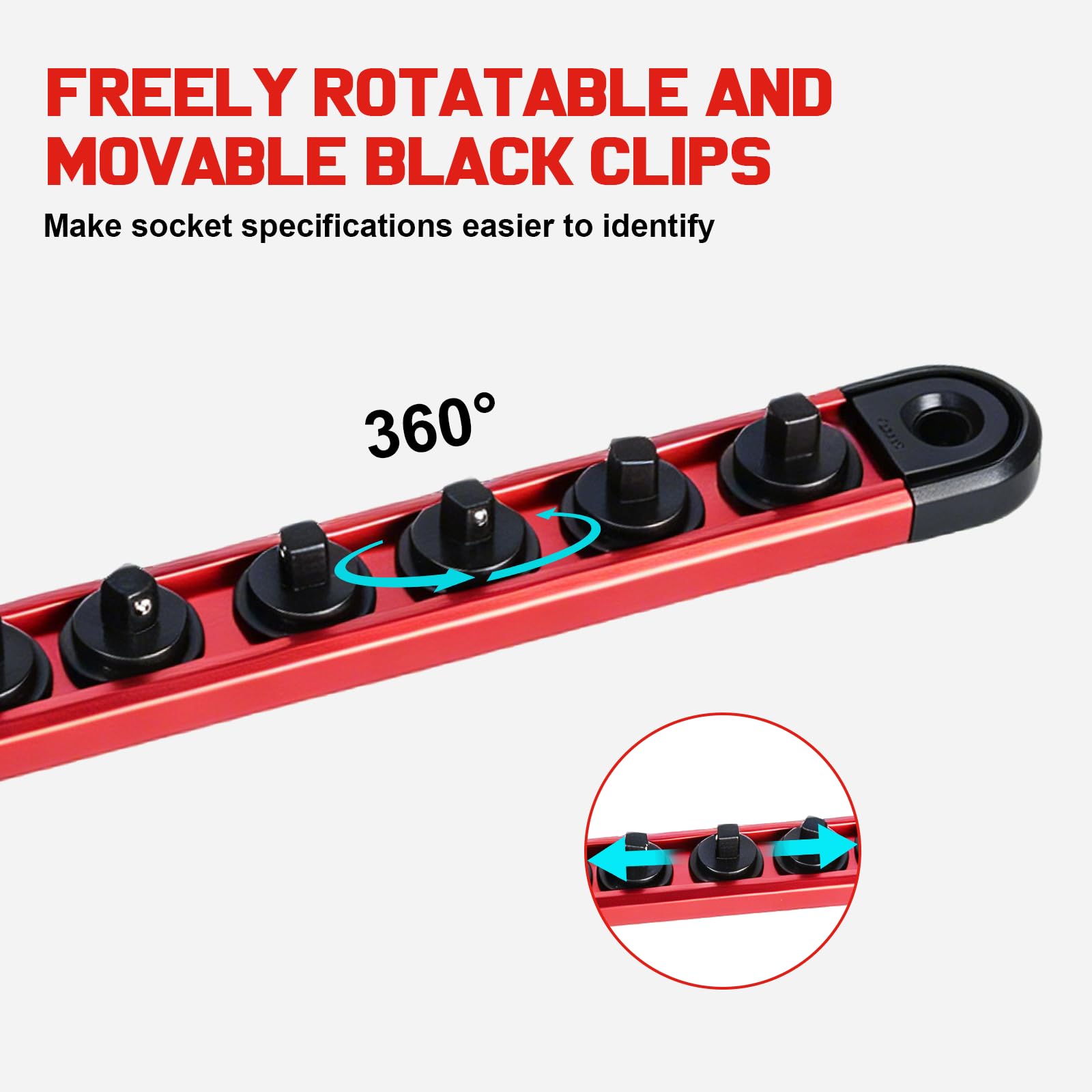 organizer magnetico in alluminio per bussole – Guide da 1/4", 3/8", 1/2" con clip removibili girevoli a 360° (9) | Alluminio, 360° clip girevoli, organizer per cassetta attrezzi, per 120 bussole, per chiave a cricchetto, portalame magnetico