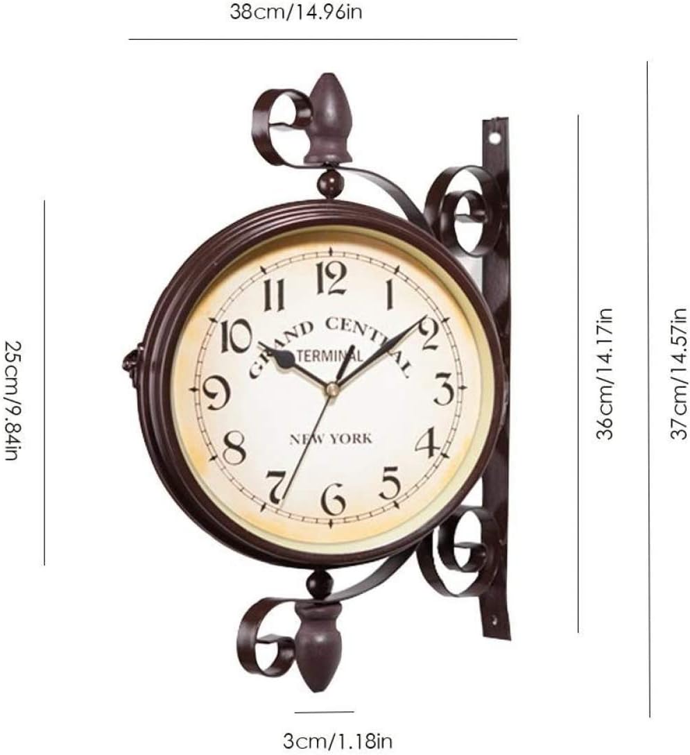 Double Sided Wall Clock Golden Vintage Station Clock Outdoor Indoor Clock with Station Bracket