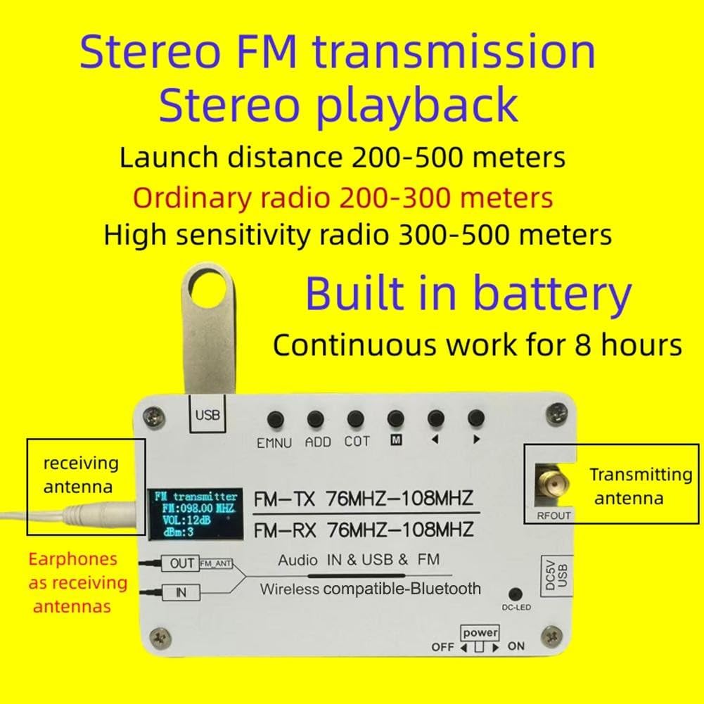 Trasmettitore FM stereo con Bluetooth, frequenza regolabile da 76 a 108 MHz e display OLED, per trasmissione campus e sistemi radio DSP