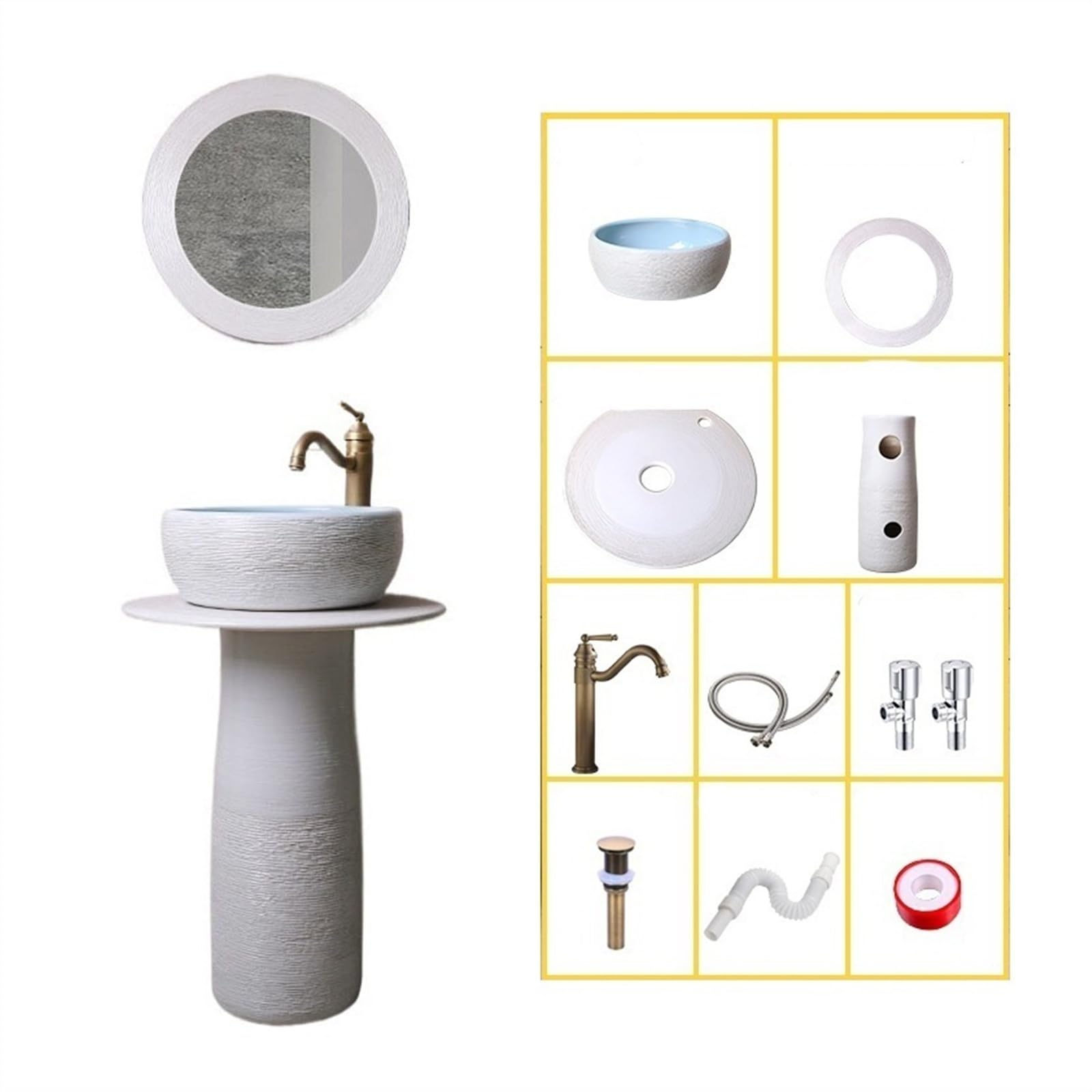 Lavabo su Colonna da Bagno in Ceramica con Rubinetto, Set di Scarico e Specchio - Piedistallo per Interni ed Esterni