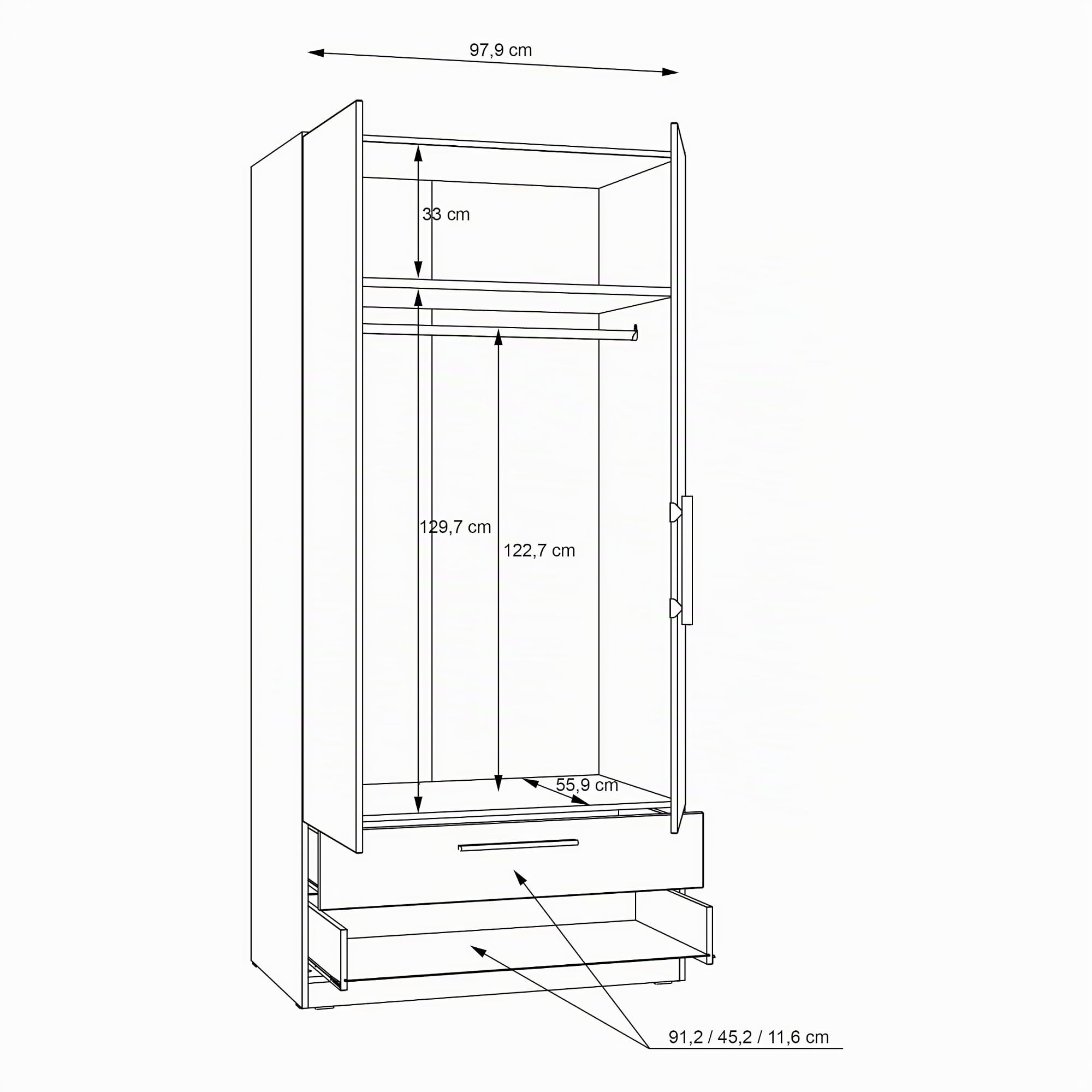 Forte CADIXO Kleiderschrank 100, klassischer Schrank mit Zwei Drehtüren und 2 Schubladen, Holzwerkstoff, Artisan Eiche Dekor, 100,9 cm breit, 212,9 cm hoch, 58,9 cm tief