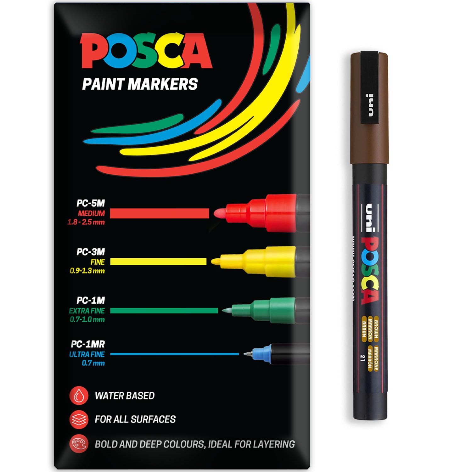 Posca Water Based Acrylic Paint Marker Pens | Multi Surface Use Permanent Paint Pen | Pack of 1 in Envelope Gift Packaging | Glass, Fabric, Canvas, Wood etc | PC-3M, Brown