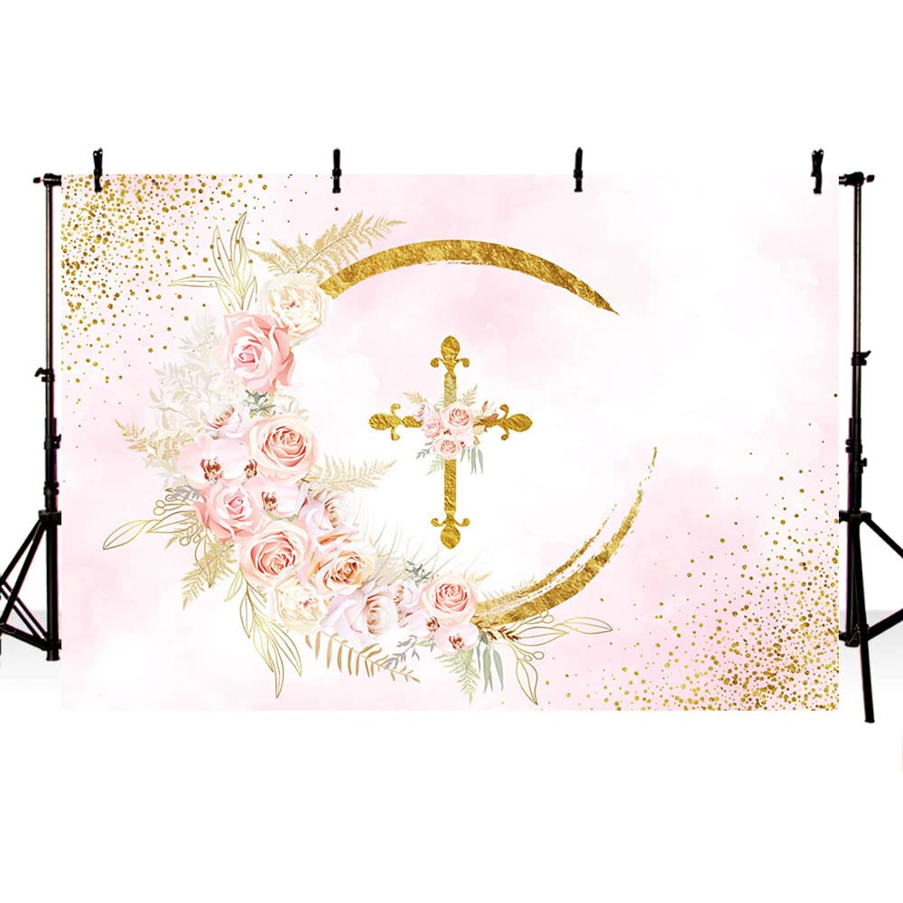 Toile De Fond Photo Baptême 2,1x1,5m - Thème Bohème Fleurs Roses Et Croix Dorée - Décoration Communion Et Fête