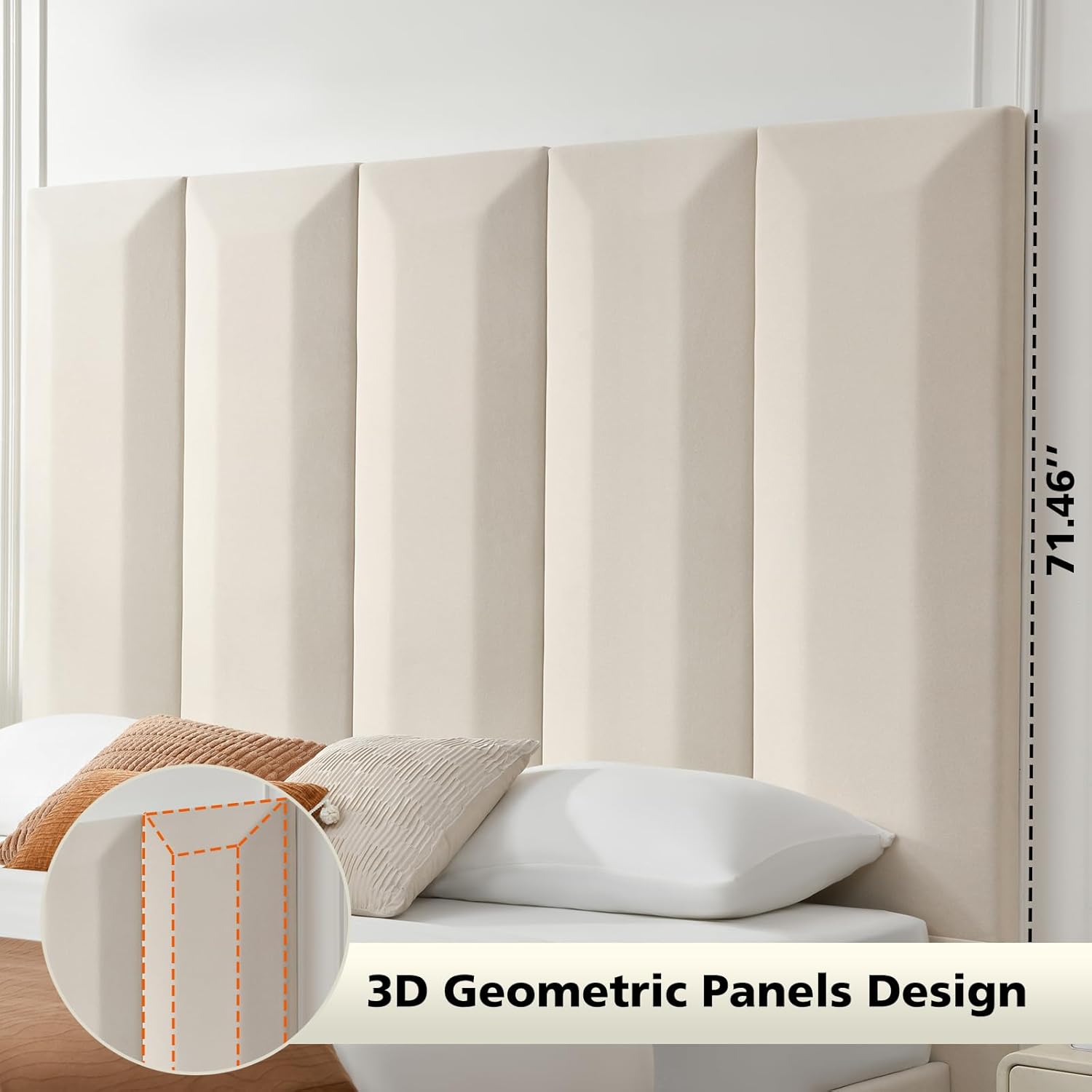 VELOCAVA King Size Upholstered Bed Frame with Extra Tall 71.5" 3D Geometric Headboard, Velvet-Like Fabric, 2 Storage Drawers, 45 Wooden Slats, Adjustable Center Support, No Box Spring Needed, Beige